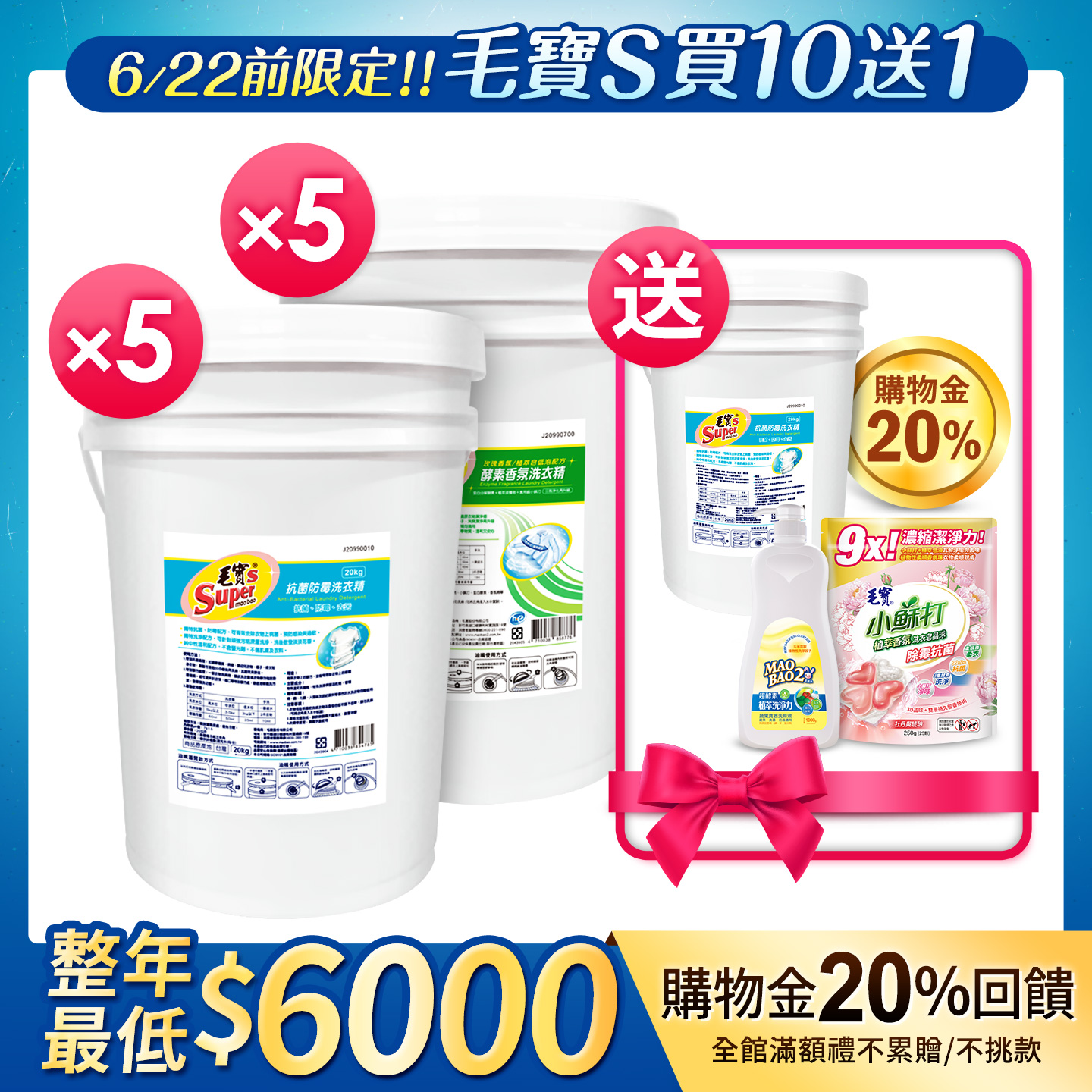 【毛寶S】抗菌防霉洗衣精20kg x5 +【毛寶S】酵素香氛洗衣精20kg x5  送毛寶S抗菌防霉洗衣精20kg+油嘴套管